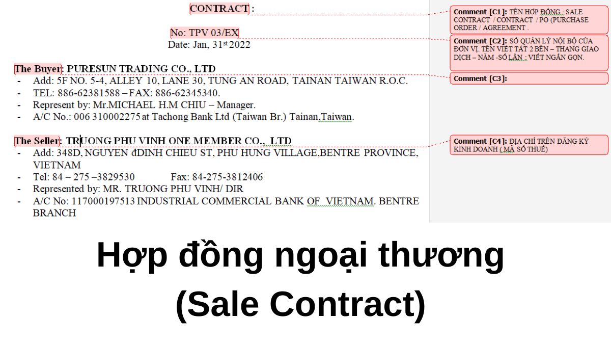 Hợp đồng ngoại thương (Sale Contract) để chứng minh giao dịch giữa bên mua và bên bán