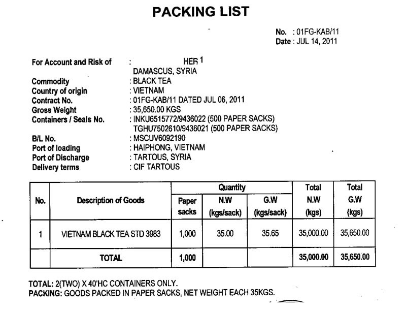 Mẫu packing list